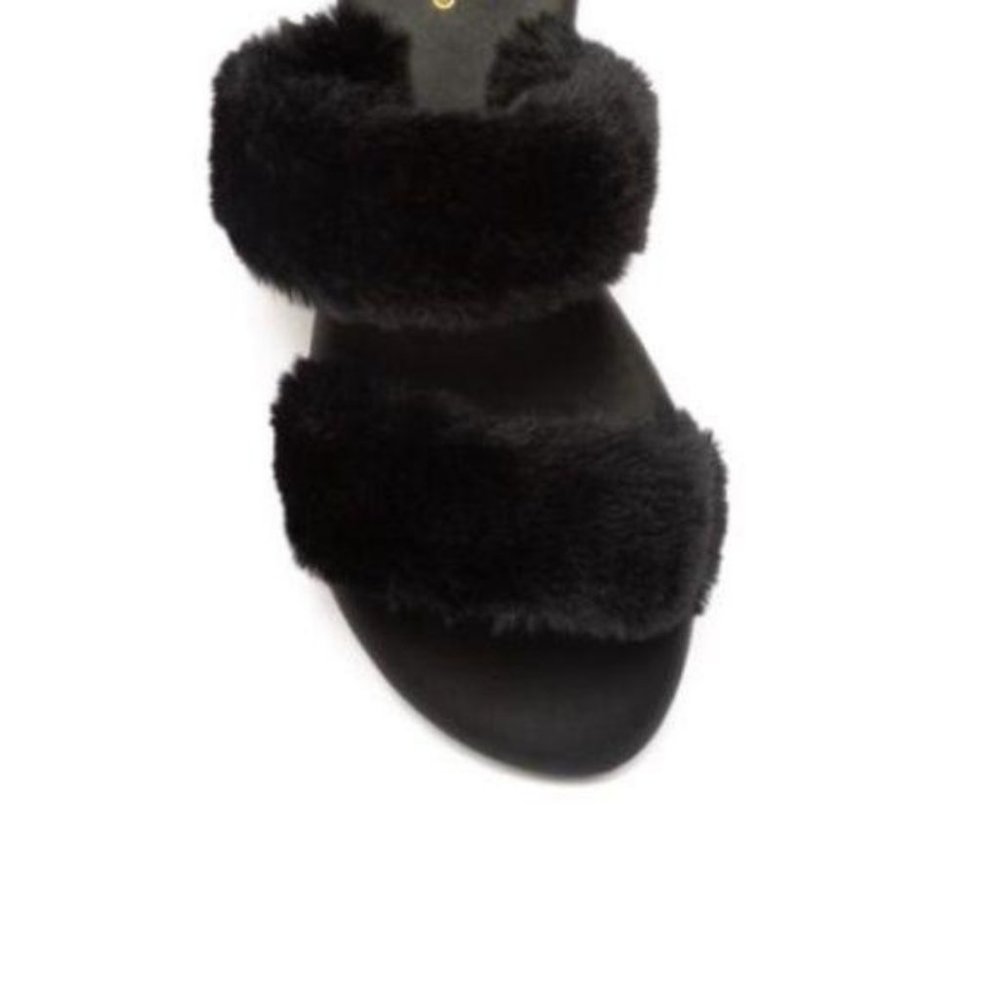 Black Faux Fur Double Band Slides - Picture 3 of 5